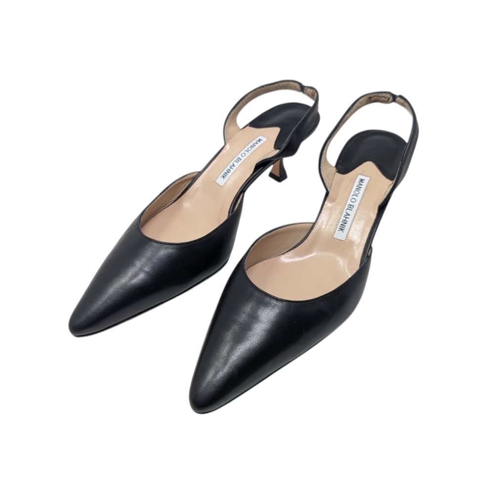 Manolo Blahnik Black Leather Carolyne Slingback Kitten Heel Pointed Pump EU 41